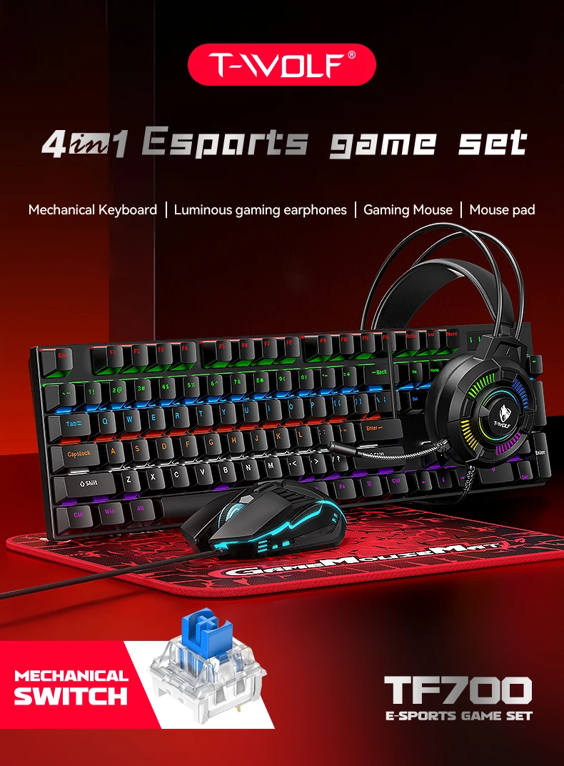 4IN1 Mechanical Keyboard Gaming Headphones Gaming Mouse Mousepad Game Set RGB Gaming Keyboard Set For E-sport Game